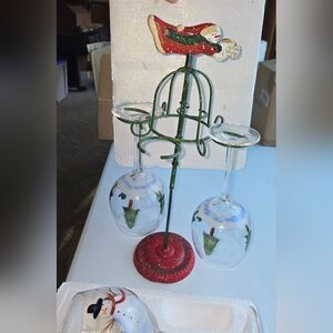 4 Snowman Wine Glasses With Rack